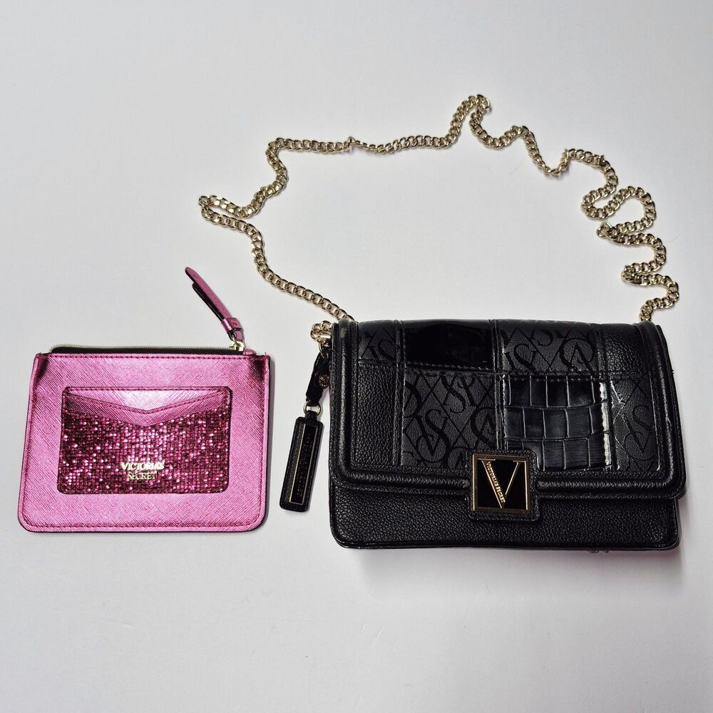 Victoria's Secret Noir Patchwork Crossbody Bag & Pink Pouch Set Card Wallet EUC